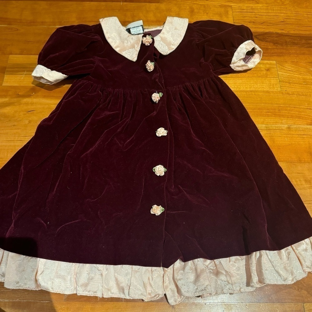 Christmas Dress Jo Lene Burgundy Red Velour with Lace Trim 3T Formal baby infant - Picture 2 of 11